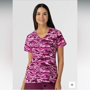 Wink Pink and Burgundy Camo Print Women's Scrub Top